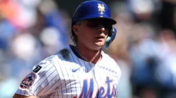 Pete Alonso #20 of the New York Mets reacts to a home run during the game.