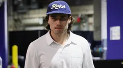 Quinn Hughes #43 of the Vancouver Canucks arrives for the game.