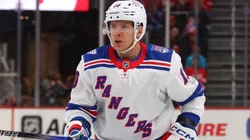 Artemi Panarin #10 of the New York Rangers controls the puck.
