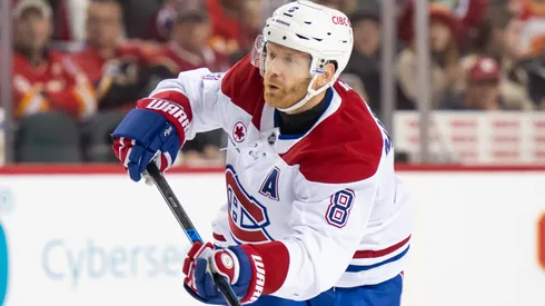 Mike Matheson #8 of the Montréal Canadiens takes a shot.