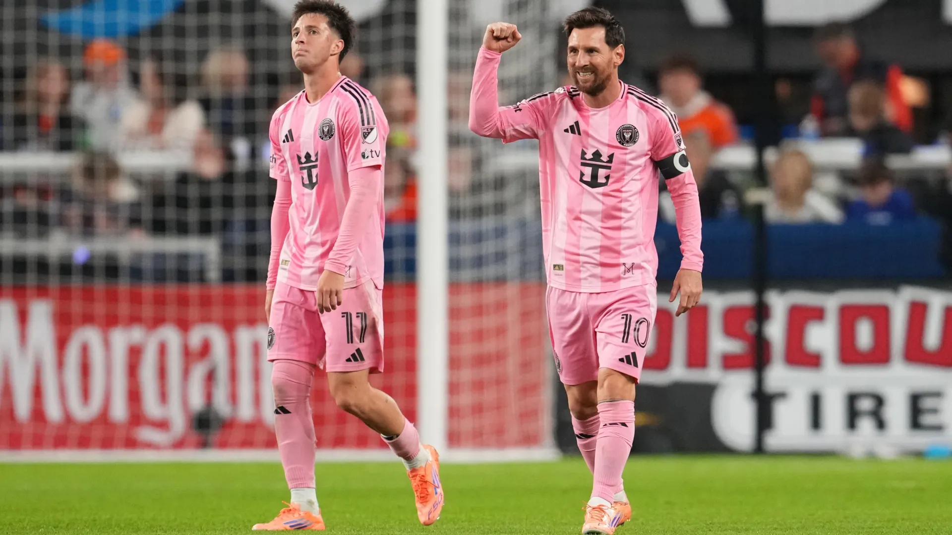 Lionel Messi #10 of Inter Miami CF celebrates the team’s fourth goal scored by teammate Tadeo Allende. Jeff Dean/Getty Images