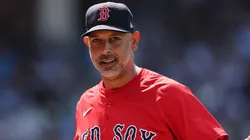 Manager Alex Cora #13 of the Boston Red Sox argues with umpire.