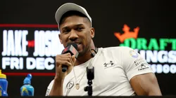 Anthony Joshua speaks during the press conference about his exhibition match.