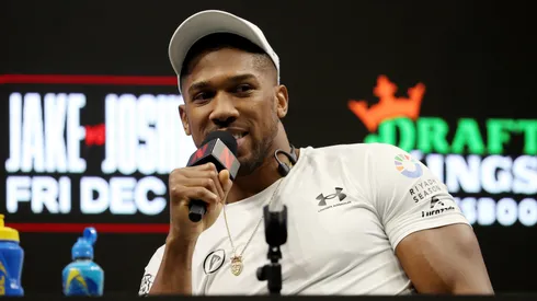 Anthony Joshua speaks during the press conference about his exhibition match.