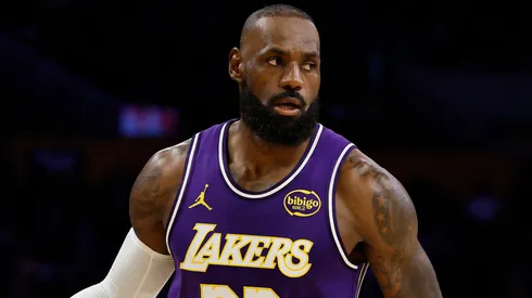 LeBron James #23 of the Los Angeles Lakers controls the ball.
