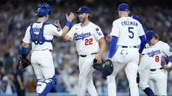 Los Angeles Dodgers players shaking hands.