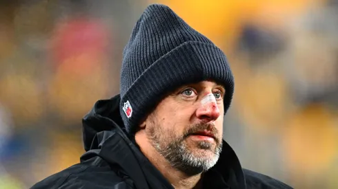 Aaron Rodgers with tape on his nose after getting tackled by Bills' Joey Bosa.