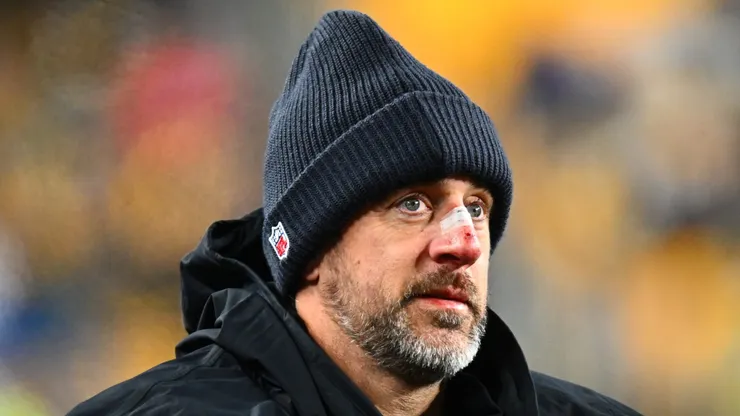 Aaron Rodgers with tape on his nose after getting tackled by Bills' Joey Bosa.
