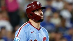 Kyle Schwarber #12 of the Philadelphia Phillies reacts.