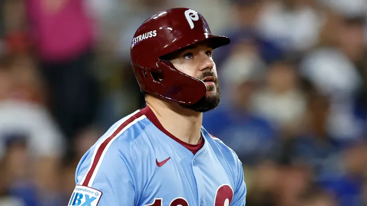 Kyle Schwarber #12 of the Philadelphia Phillies reacts.
