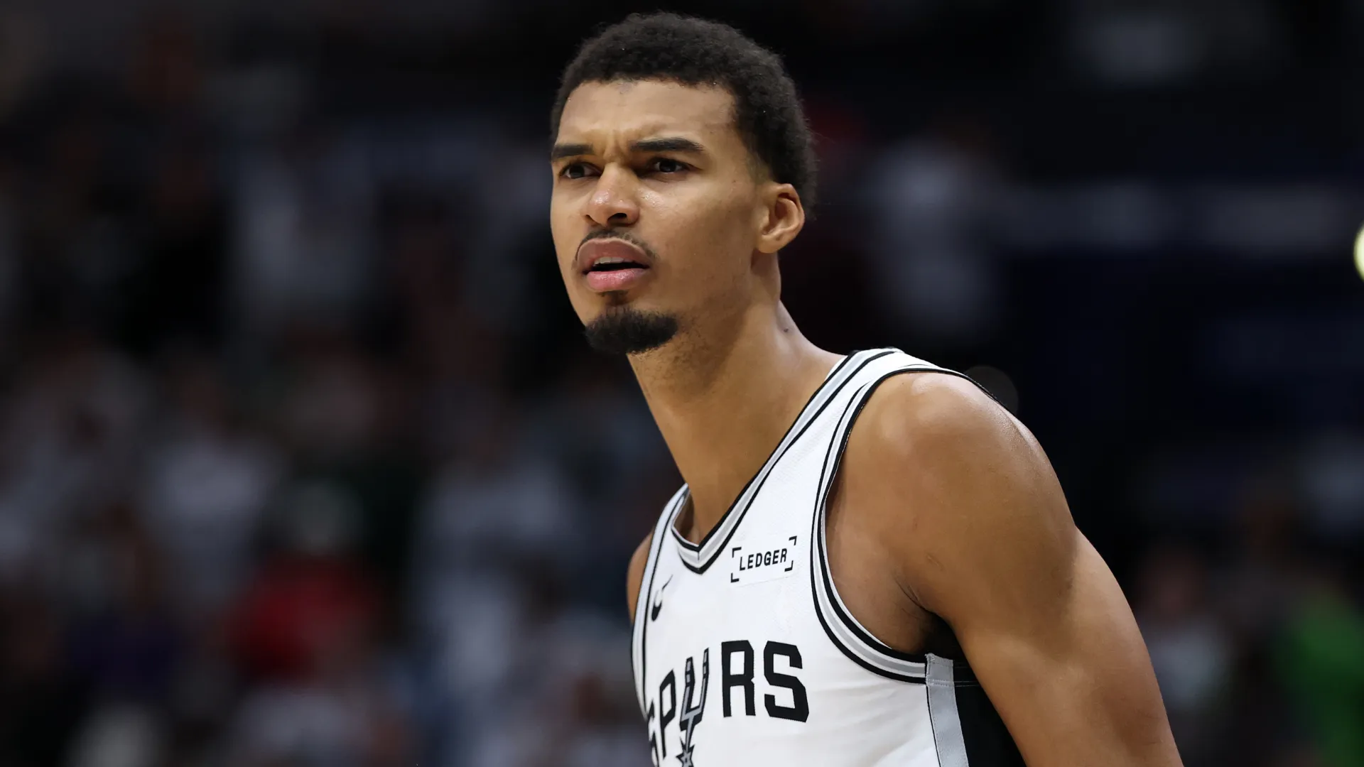 Victor Wembanyama reacts during a game