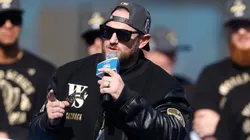 Max Muncy of the Los Angeles Dodgers speaks to the crowd during the 2025 Dodgers World Series Celebration.