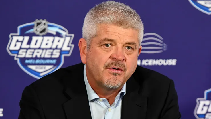 Head coach Todd McLellan of the Red Wings speaks during a press conference.