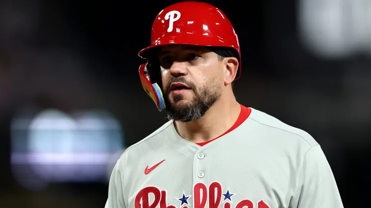 Kyle Schwarber #12 of the Phillies looks on against the Dodgers.