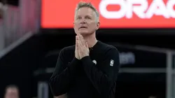 Head coach Steve Kerr of the Golden State Warriors looks on.