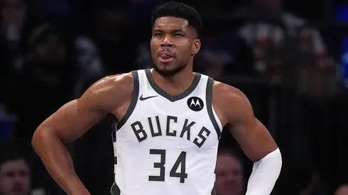 Giannis Antetokounmpo #34 of the Milwaukee Bucks looks on.