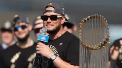Miguel Rojas #72 of the Los Angeles Dodgers speaks to the crowd during the 2025 Dodgers World Series Celebration.