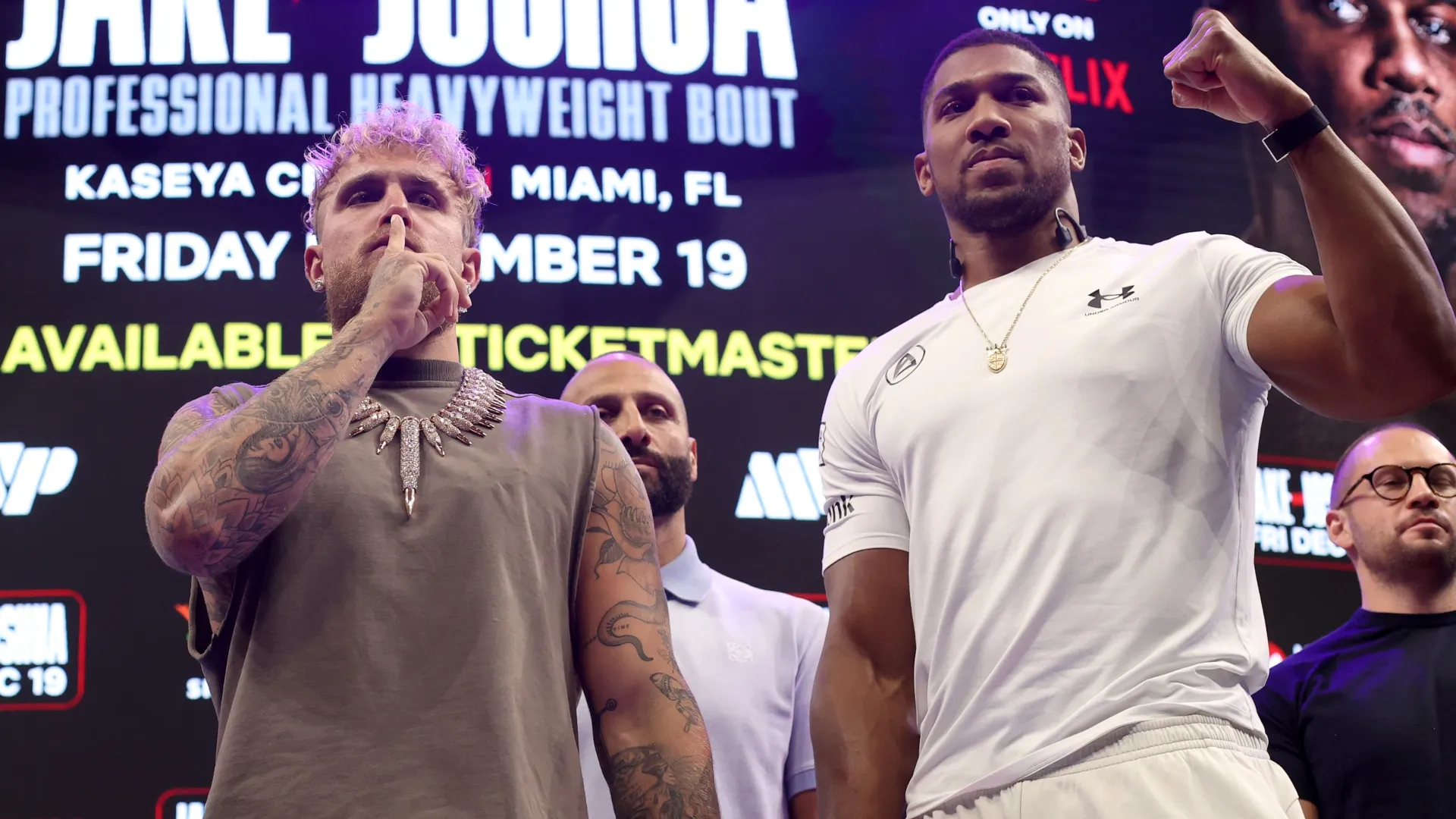 Jake Paul and Anthony Joshua face off during the press conference about their exhibition match. Leonardo Fernandez/Getty Images