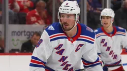 J.T. Miller #8 of the New York Rangers controls the puck.