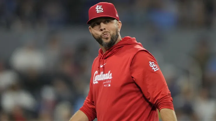 Oliver Marmol #37 manager of the St. Louis Cardinals walks.