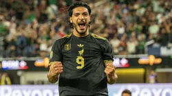 Raul Jimenez celebrates a goal for Mexico.