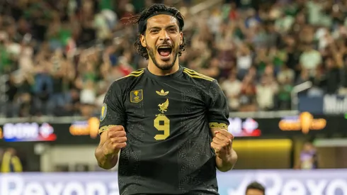 Raul Jimenez celebrates a goal for Mexico.