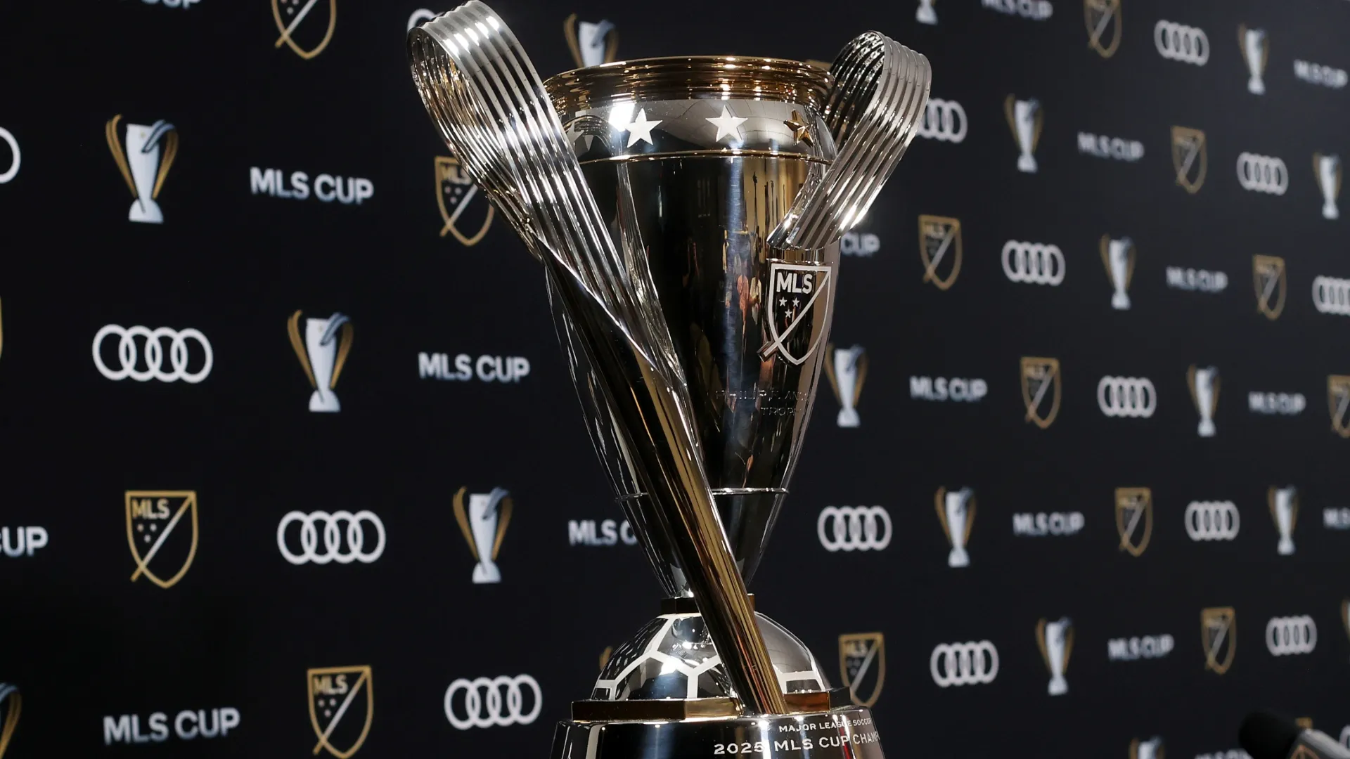 MLS Cup Trophy is displayed during a press conference ahead of Audi 2025 MLS Cup Final. (Source: Leonardo Fernandez/Getty Images)