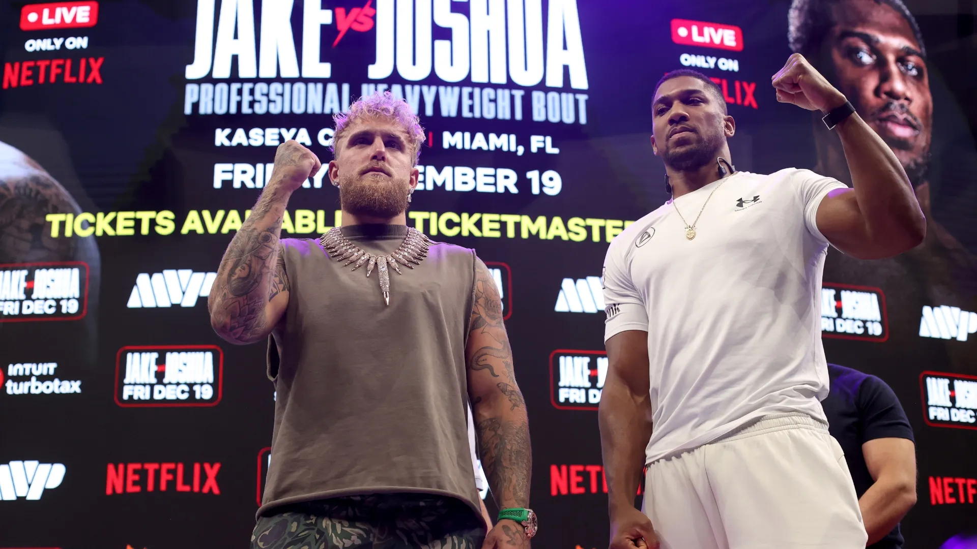 Jake Paul and Anthony Joshua face off during the press conference about their exhibition match. Leonardo Fernandez/Getty Images