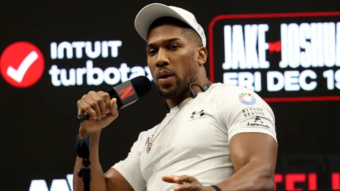 Anthony Joshua speaks during the press conference about his exhibition match.