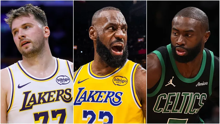 Luka Doncic and LeBron James of Los Angeles Lakers and Jaylen Brown of Boston Celtics.
