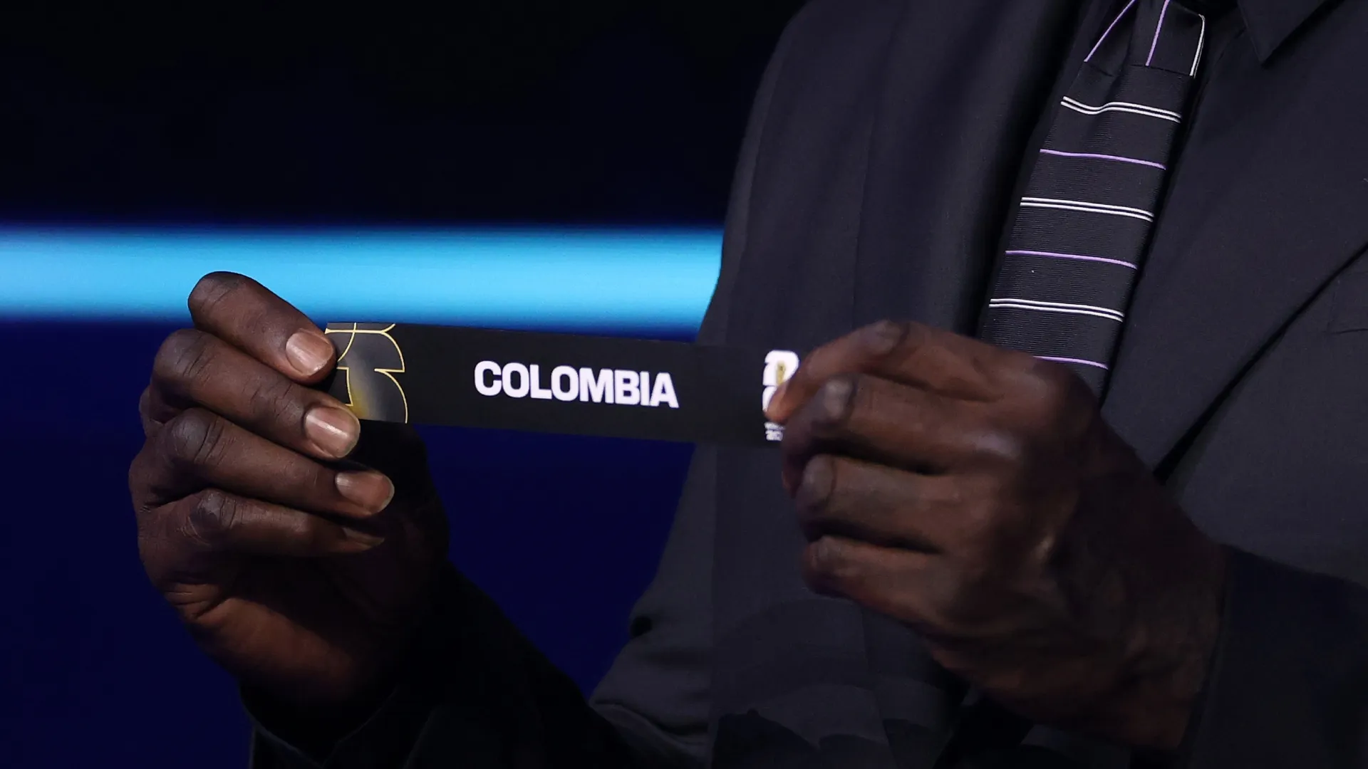 Draw assistant Shaquille O’Neal draws out the card of Colombia during the FIFA World Cup 2026 Official Draw. Patrick Smith/Getty Images