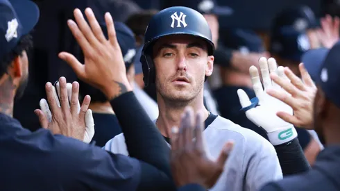 Cody Bellinger #35 of the New York Yankees celebrates with teammates.