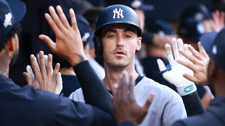 Cody Bellinger #35 of the New York Yankees celebrates with teammates.