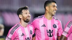 Lionel Messi and Luis Suarez celebrate a goal for Inter Miami.