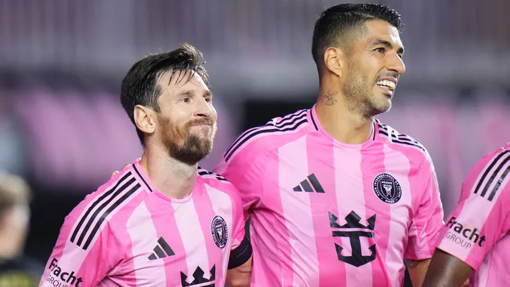 Lionel Messi and Luis Suarez celebrate a goal for Inter Miami.