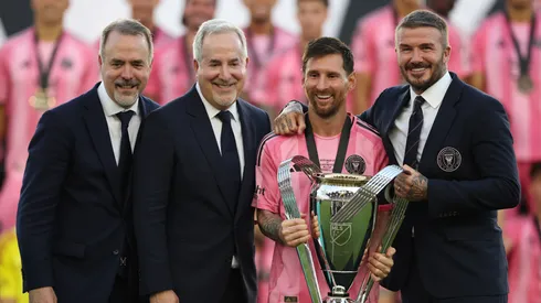 José Mas, Jorge Mas and David Beckham, co-owners of Inter Miami pose next to Lionel Messi after winning the 2025 MLS Cup.