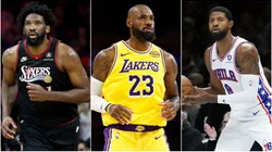 LeBron James, Joel Embiid and Paul George playing.