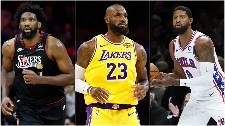 LeBron James, Joel Embiid and Paul George playing.