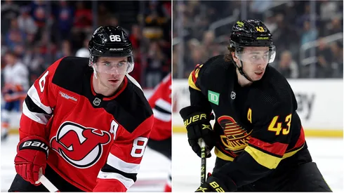Jack Hughes of the New Jersey Devils (left) and Quinn Hughes of the Vancouver Canucks (right)