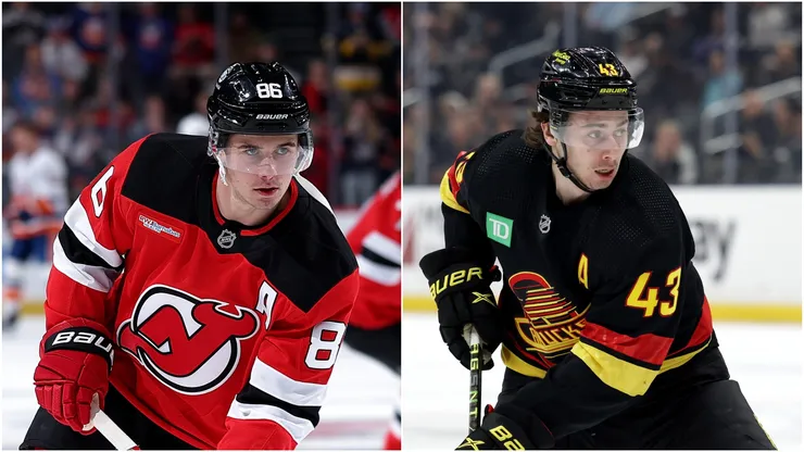 Jack Hughes of the New Jersey Devils (left) and Quinn Hughes of the Vancouver Canucks (right)