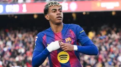 Lamine Yamal of FC Barcelona celebrates their team's first goal during the LaLiga.