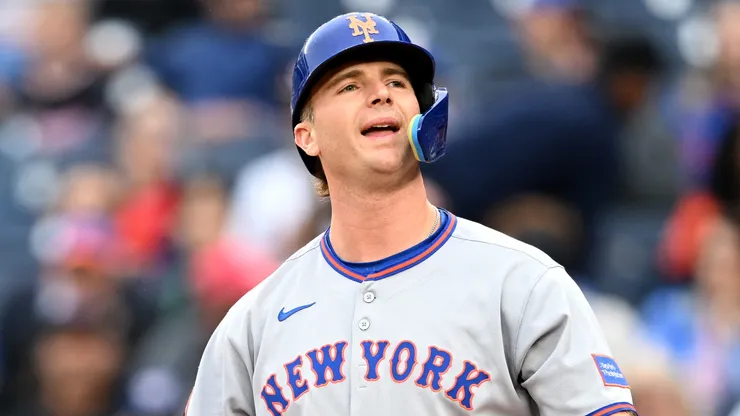 Pete Alonso #20 of the New York Mets reacts after striking out.