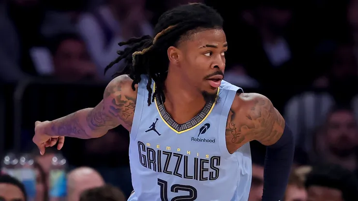 Ja Morant #12 of the Memphis Grizzlies celebrates.