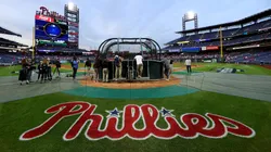 The Philadelphia Phillies logo is seen behind home plate.