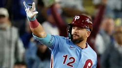 Kyle Schwarber #12 of the Philadelphia Phillies reacts.