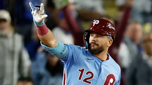 Kyle Schwarber #12 of the Philadelphia Phillies reacts.