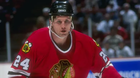 Bob Probert of the Chicago Blackhawks moves down the ice during a game in 1996.