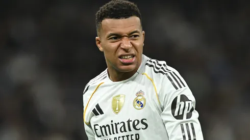 Kylian Mbappe of Real Madrid reacts during the LaLiga EA Sports match.