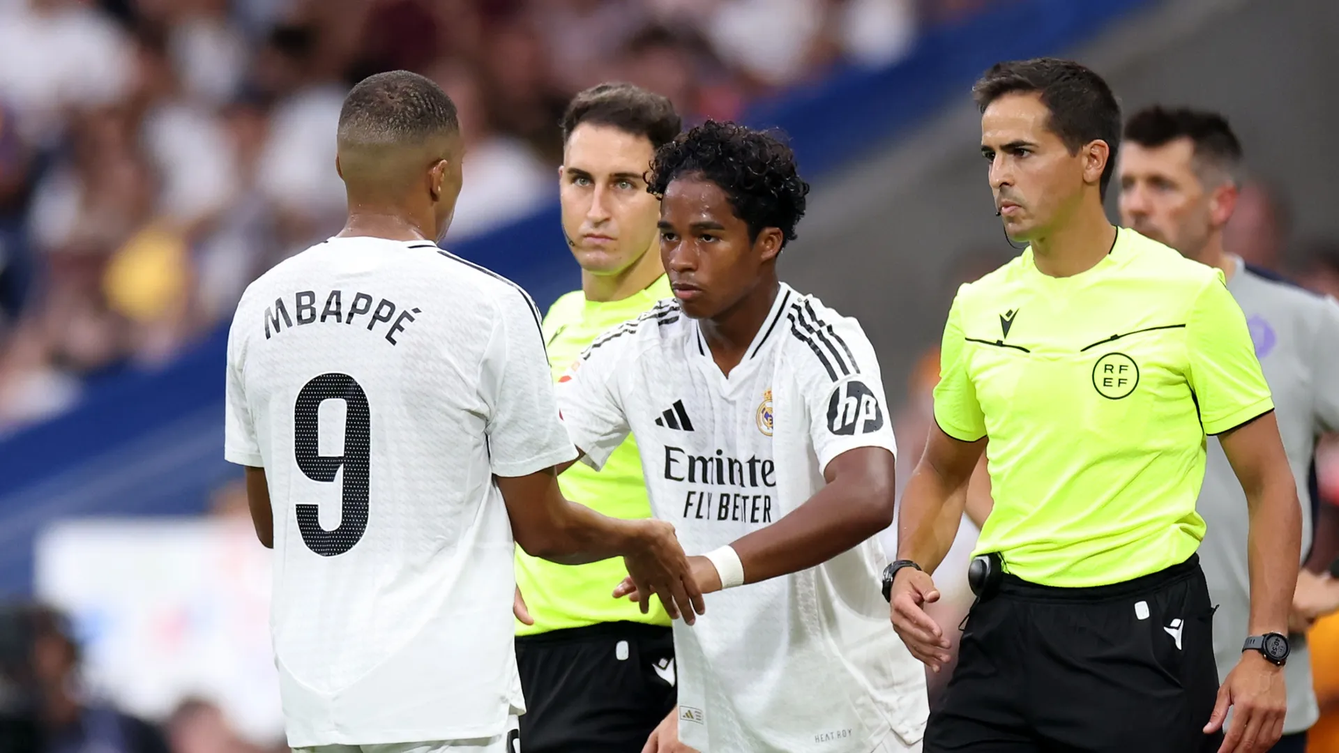 Endrick of Real Madrid comes on as substitute to replace Kylian Mbappe during the La Liga match. Florencia Tan Jun/Getty Images