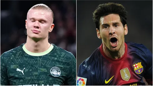 Erling Haaland of Manchester City and Lionel Messi during a Barcelona match.